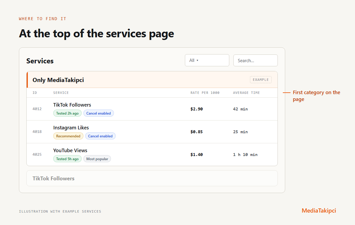 Example of the services page. The Only MediaTakipci category is the first category on the page, above the other categories. It lists example services such as TikTok Followers, Instagram Likes and YouTube Views, each with its rate per 1000, its average time, and labels such as Tested 2h ago, Recommended, Cancel enabled and Most popular.